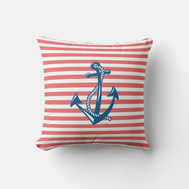 Coussin Ancre nautique avec bandes rouges (Recto)