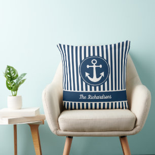 Coussin Ancre nautique avec corde sur rayures bleu marine
