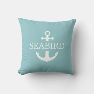 Coussin Ancre nautique Blanc & Aqua. Nom du bateau personn