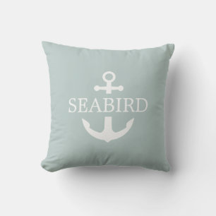 Coussin Ancre nautique Blanc & Sage. Nom du bateau personn