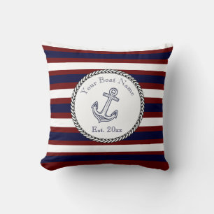 Coussin Ancre nautique Bleu Blanc Maroon rayures