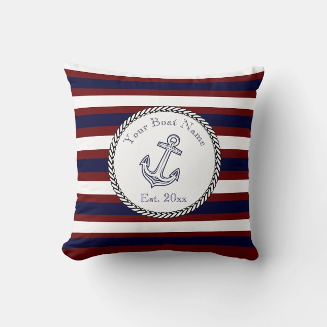 Coussin Ancre nautique Bleu Blanc Maroon rayures (Recto)