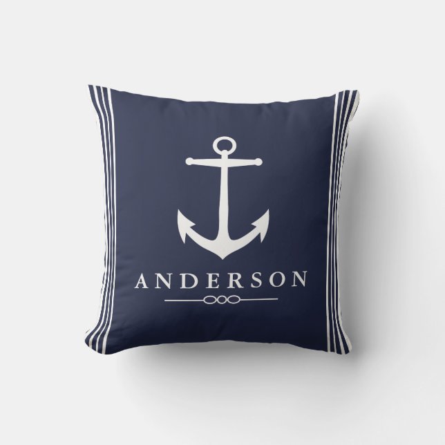 Coussin Ancre nautique Bleu et Blancs de marine (Recto)