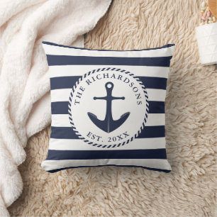Coussin Ancre nautique Bleu et Blancs de marine