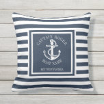 Coussin Ancre nautique bleu marine personnalisée<br><div class="desc">Un design nautique avec une ancre,  des rayures bleu marine et blanches élégantes et personnalisées avec le nom du capitaine,  le nom du bateau et l'emplacement. Conçu par Thisisnotme©</div>