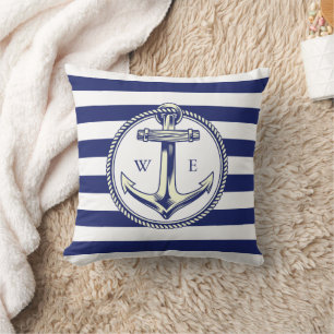 Coussin Ancre nautique Bleu marine Rayures