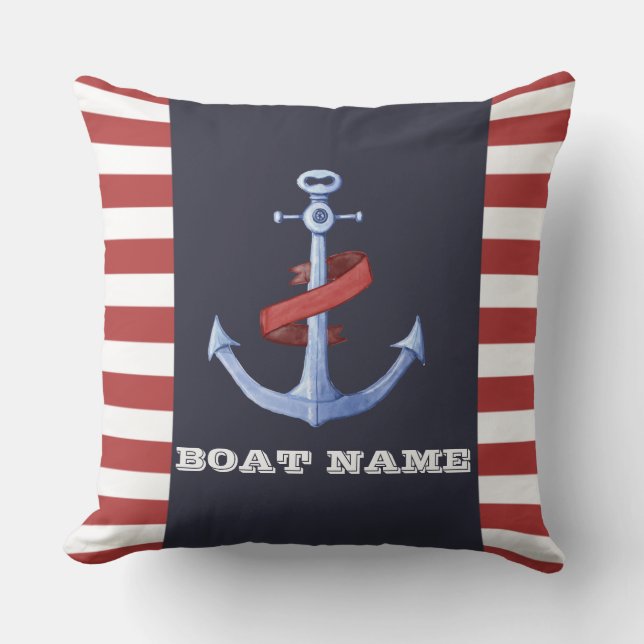 Coussin Ancre nautique bleu marine, rayures rouges (Recto)