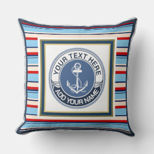 Coussin Ancre nautique Bleus, Rouges et Crèmes Rayé