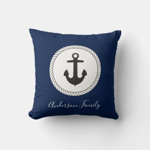 Coussin Ancre nautique Calligraphie Nom de famille