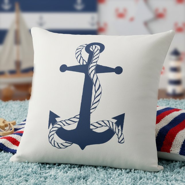 Coussin Ancre nautique & corde Navy Blanc ID836 (Créateur téléchargé)