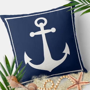 Coussin Ancre nautique de bateau de plage bleu et blanc
