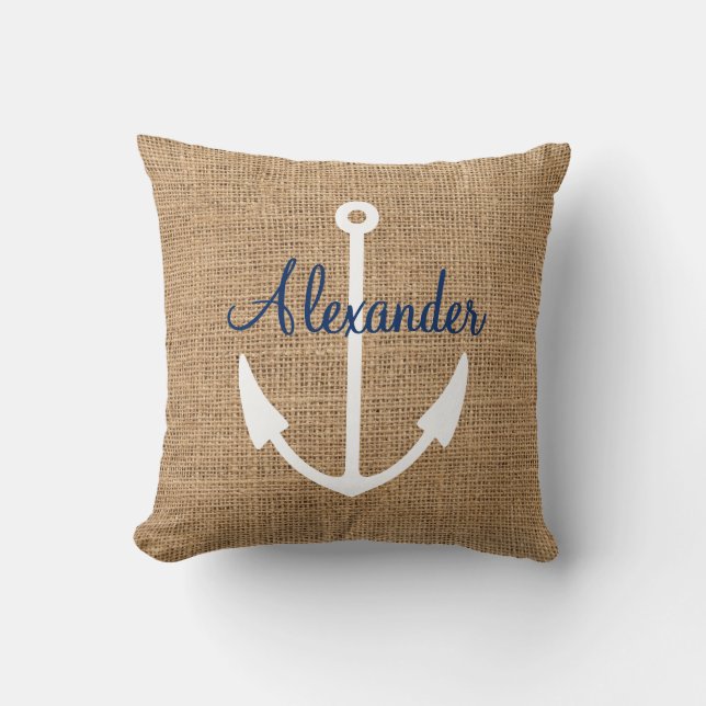 Coussin Ancre nautique de toile de jute de Faux avec le (Recto)