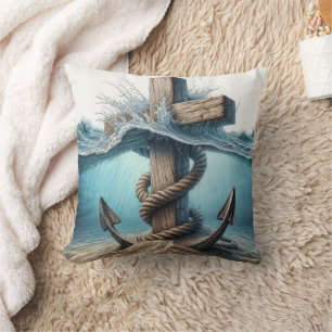 Coussin Ancre nautique et croix dans l'eau de l'océan