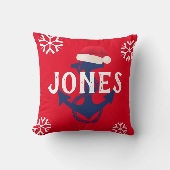 Coussin Ancre nautique + FLAKES À NEIGE avec SANTA HAT | (Recto)