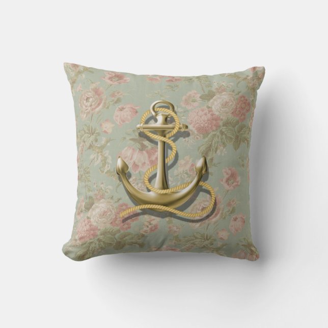 Coussin ancre nautique girly florale de pays français (Recto)