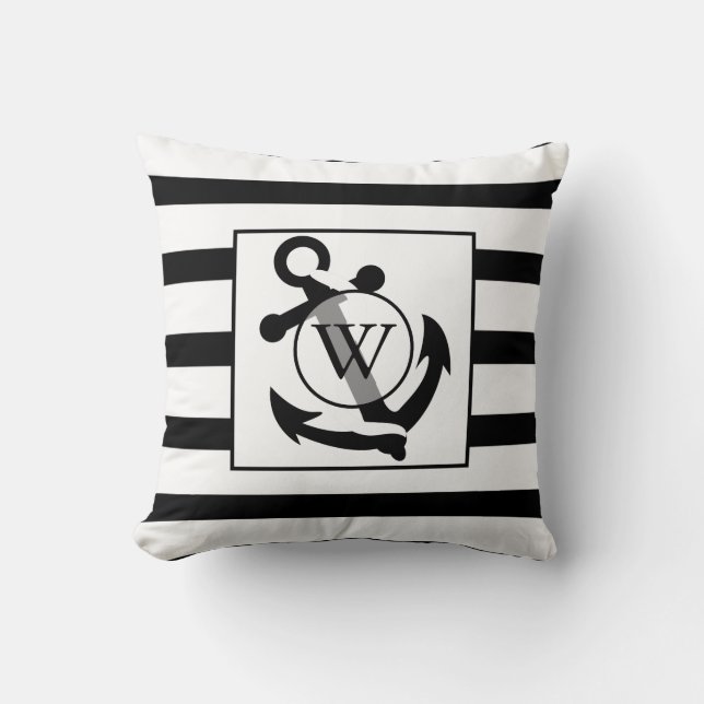 Coussin Ancre nautique Grilles de Monogramme noir et blanc (Recto)