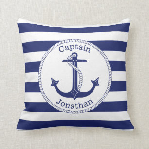 Coussin Ancre nautique Marine Bleu Capitaine Personnalisé