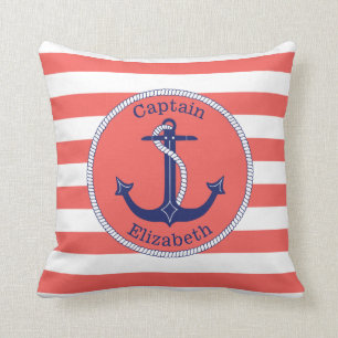 Coussin Ancre nautique Marine et corail Personnalisé