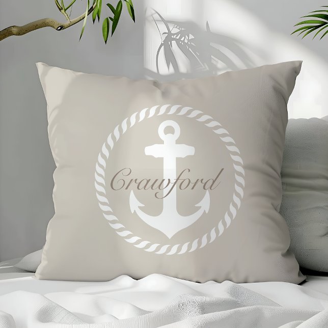 Coussin Ancre Nautique Monogramme Beige & Blanc Prépa (Créateur téléchargé)