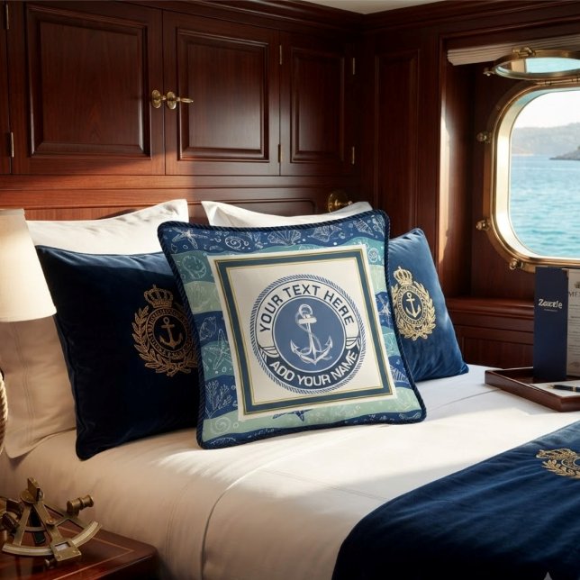 Coussin Ancre Naútíque & Monogramme Coquillages Bleu Marin (Créateur téléchargé)