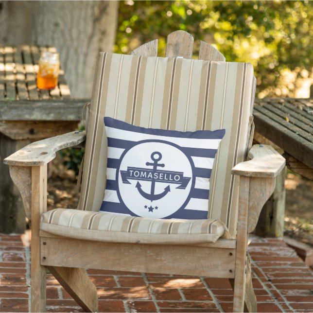Coussin Ancre nautique Nom de famille Marine Blue Stripes (Chaise)