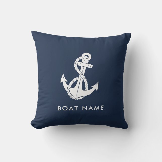 Coussin Ancre nautique Nom du bateau bleu marine Personnal (Recto)