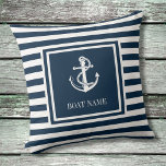 Coussin Ancre nautique Nom du bateau Marine Blue Striped<br><div class="desc">Un design nautique avec ancre,  rayures bleu marine et blanc design et personnalisées avec votre nom de bateau. Conçu par Thisisnotme©</div>