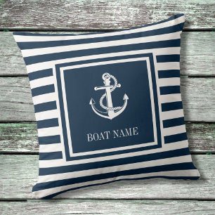 Coussin Ancre nautique Nom du bateau Marine Blue Striped