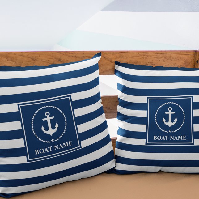 Coussin Ancre nautique Nom du bateau Marine Blue Striped (Customize to change text size or text style.)