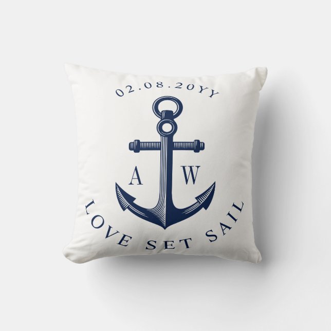 Coussin Ancre nautique Personnalisé Monogrammes Blanc (Recto)