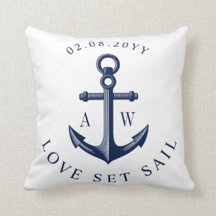 Coussin Ancre nautique Personnalisé Monogrammes Blanc