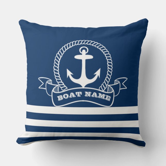 Coussin Ancre nautique rayée bleu marine  (Recto)