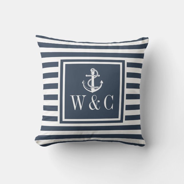 Coussin Ancre nautique rayée bleu marine Monogramme (Recto)