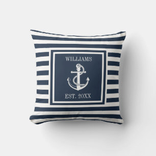 Coussin Ancre nautique rayée bleu marine personnalisée