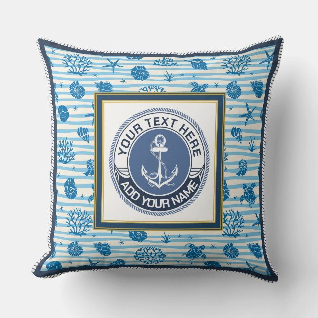 Coussin Ancre Naútíque Rayures Bleues Coquillages Nom Pers (Recto)