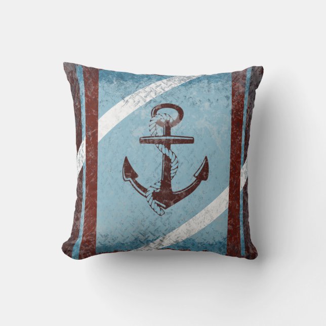 Coussin Ancre Nautique Rétro Rouge Bleu Grunge Distressed (Recto)