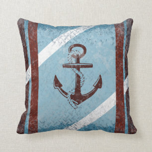Coussin Ancre Nautique Rétro Rouge Bleu Grunge Distressed