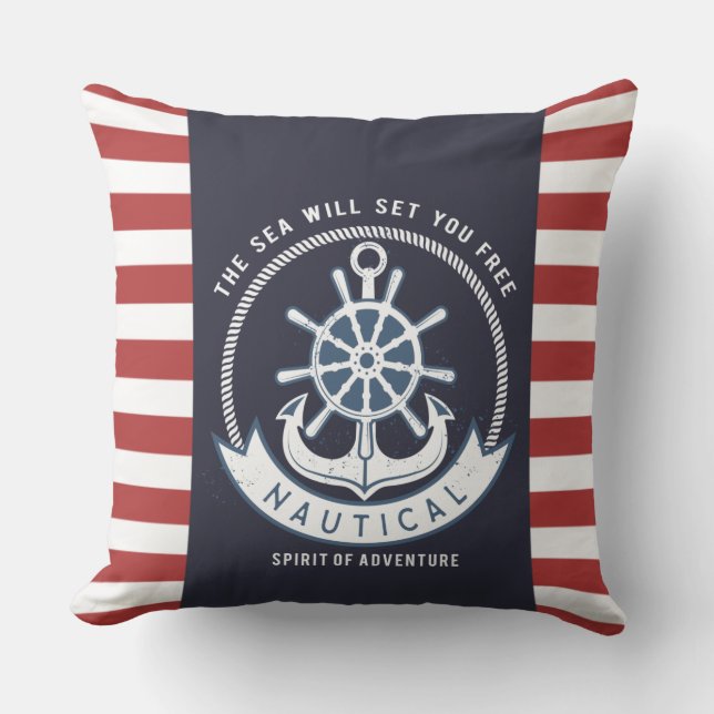 Coussin Ancre nautique,Roue, Bleu marine,Rayes rouges (Recto)