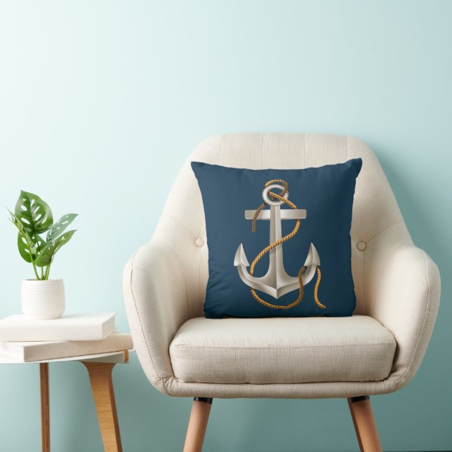 Coussin Ancre Nautique Sur Bleu Marine (Chaise)