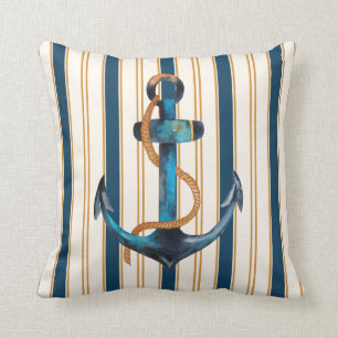 Coussin Ancre nautique Turquoise Gold Stripe Beach