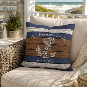 Coussin Ancre nautique vintage sur Motif Woodgrain