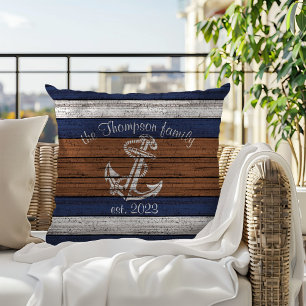 Coussin Ancre nautique vintage sur Motif Woodgrain
