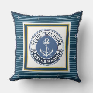 Coussin Ancre rayée bleue et blanche nautique Nom personna