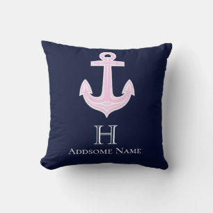 Coussin Ancre rose marine Monogramme côtière