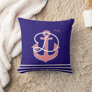 Coussin Ancre rose sur bleu personnalisé nautique