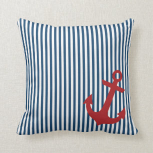 Coussin Ancre rouge avec les rayures bleues nautiques de