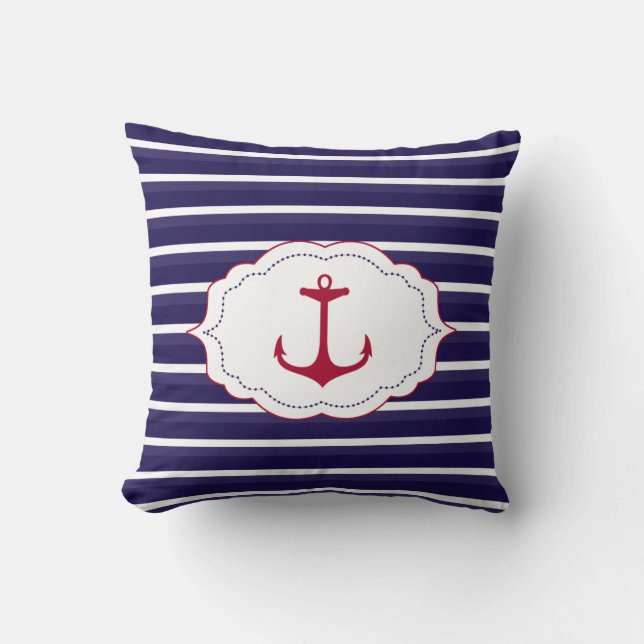 Coussin Ancre rouge de rayures blanches bleu-foncé (Recto)