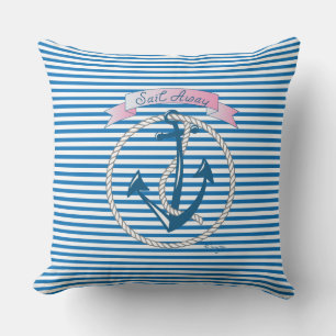 Coussin Ancre "Sail Away", corde blanche et bandes bleues
