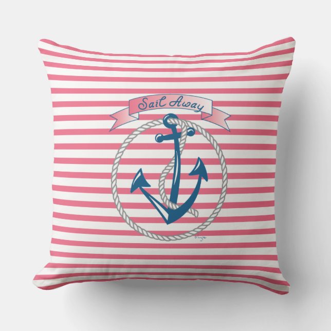 Coussin Ancre "Sail Away", corde blanche et rayures roses (Recto)