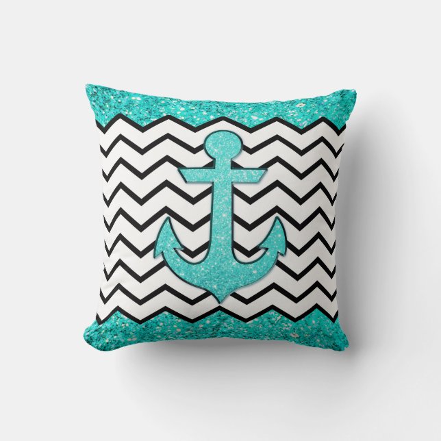 Coussin Ancre turquoise et chevron de parties (Recto)